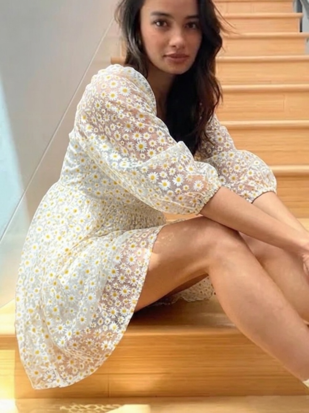 Aritzia White Daisy-Print Mini Dress with Yellow Accents